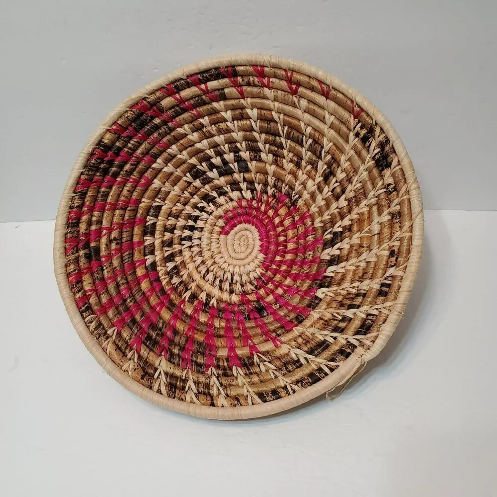 Handwoven Natural Straw Basket with Magenta & Black Accents, 13